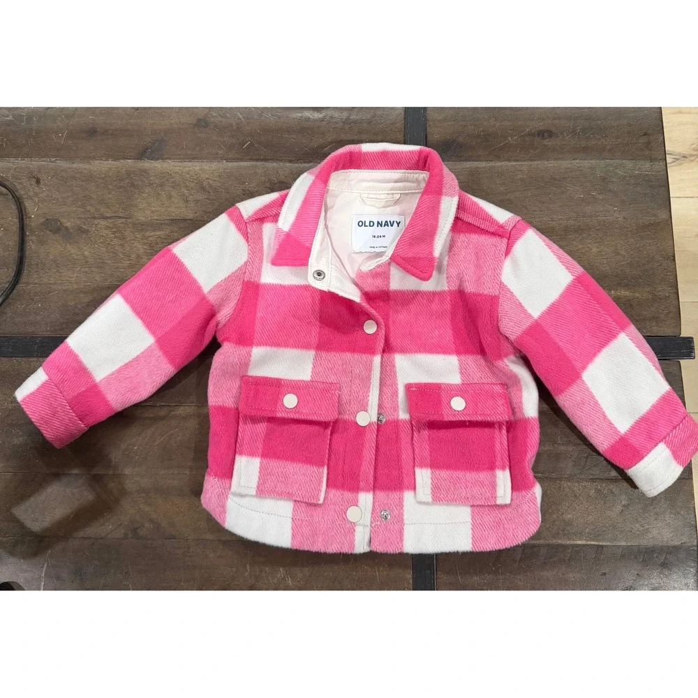 Old Navy Toddler Girls Pink White Buffalo Plaid Shirt Jacket Shacket 18-24M